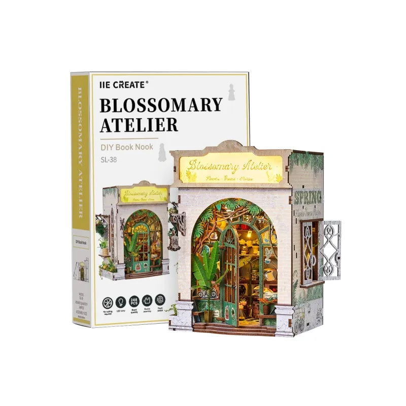 Miniature Haus - Blossomary Atelier Gesamtansicht mit präzise geschnittenen Holzteilen und hochwertiger Verarbeitung