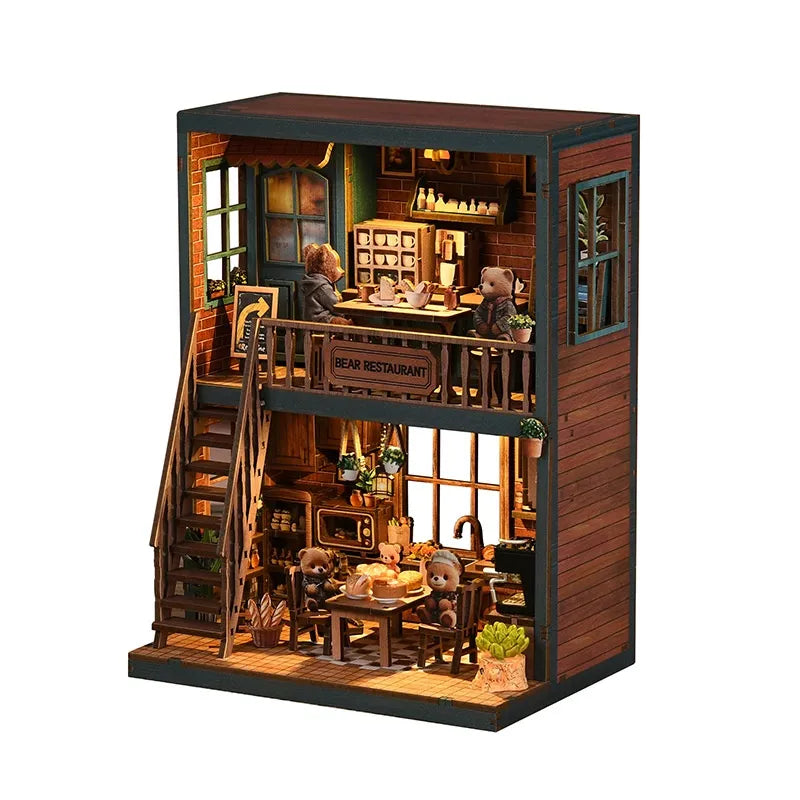 Miniature House - Bear Restaurant Gesamtansicht mit präzise geschnittenen Holzteilen und hochwertiger Verarbeitung