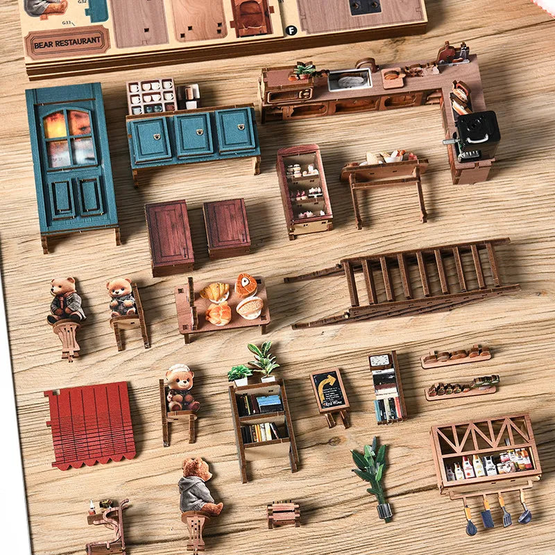 Detailansicht des Miniature House - Bear Restaurant mit präzise geschnittenen Holzteilen aus hochwertigem Material