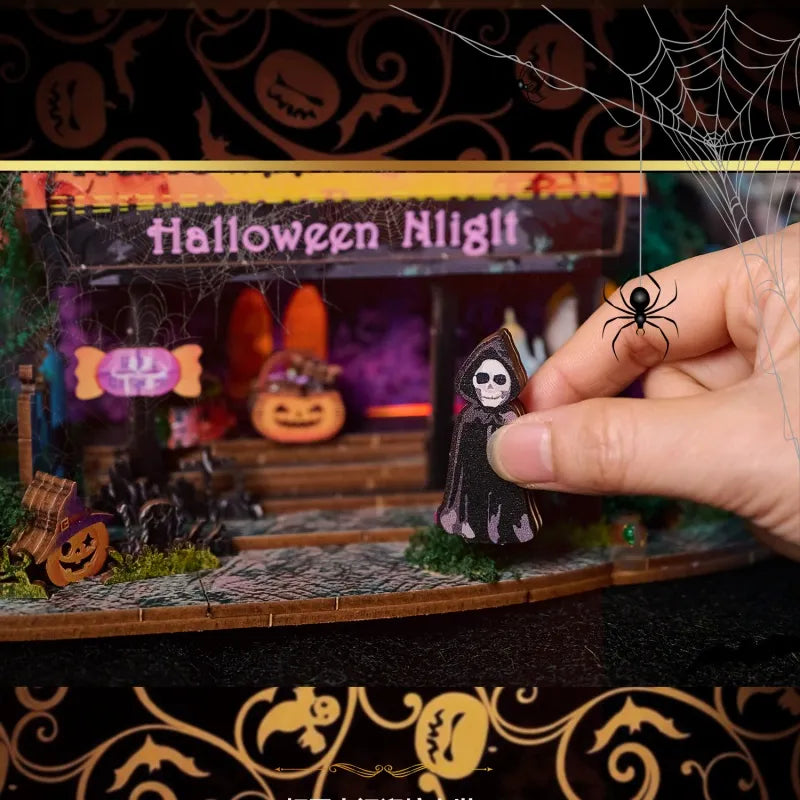 Detailansicht des Miniature House - Halloween Night mit präzise geschnittenen Holzteilen aus hochwertigem Material