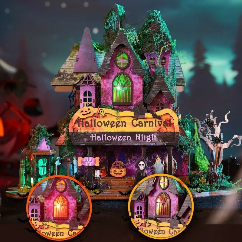 Nahaufnahme des Miniature House - Halloween Night mit reichhaltigen Details
