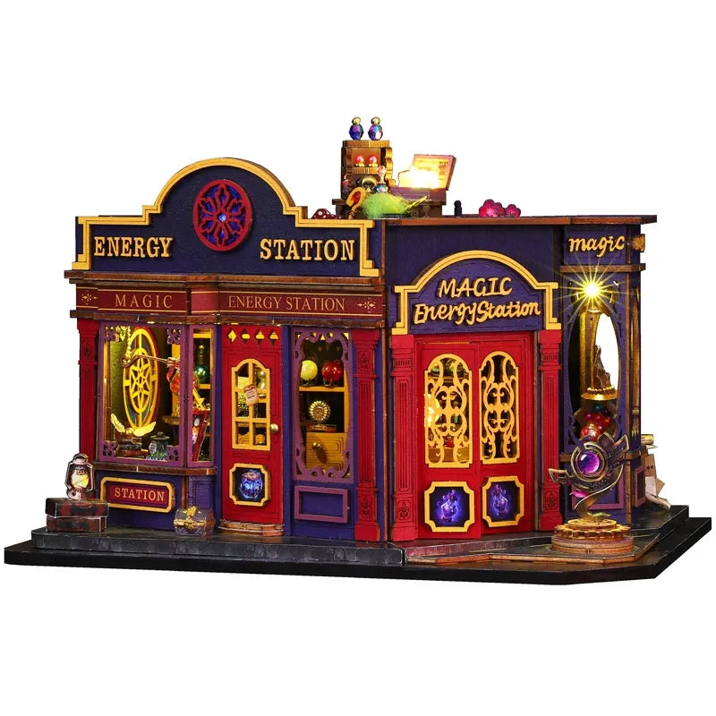 Miniature House - Magic Energy Station Gesamtansicht mit präzise geschnittenen Holzteilen und hochwertiger Verarbeitung