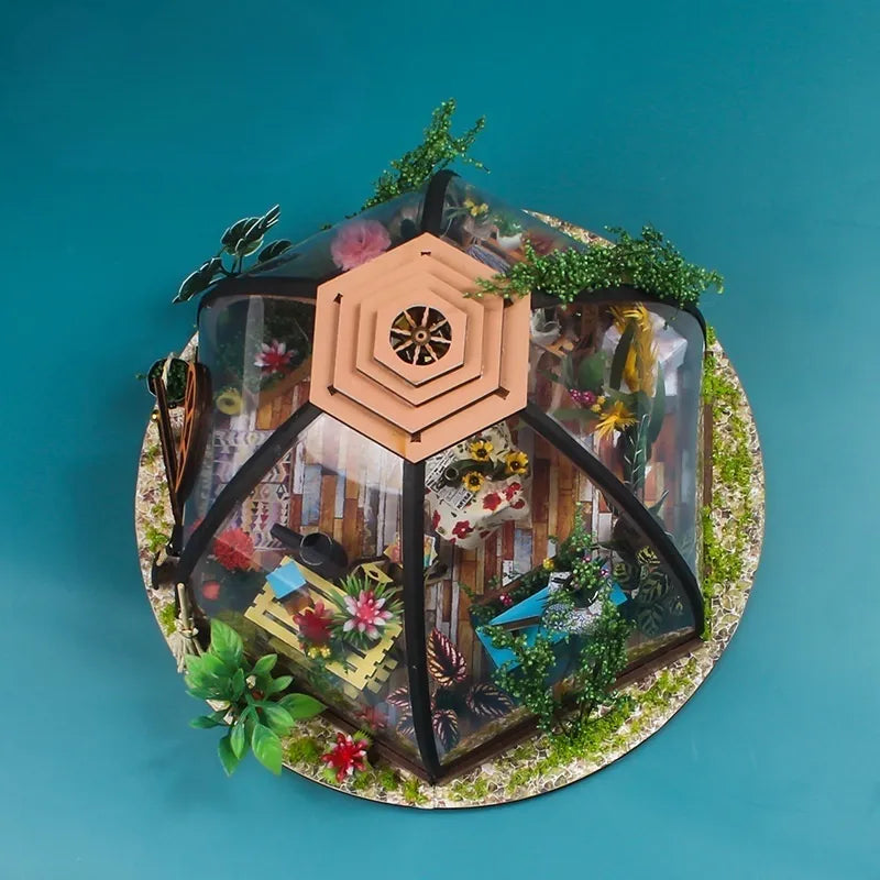 Obere Ansicht des Miniature House - Starry Sky Flower House mit detaillierten Mustern und Beleuchtung