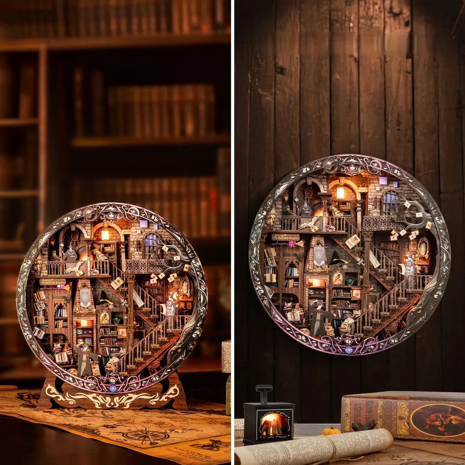 Rundes Diorama - Magic Library dekorativ auf einem Schreibtisch platziert