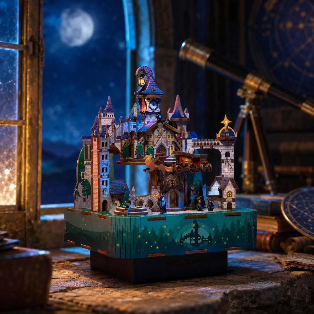 Magical Castle als nächtlich beleuchtete Spieluhr unter dem Mond