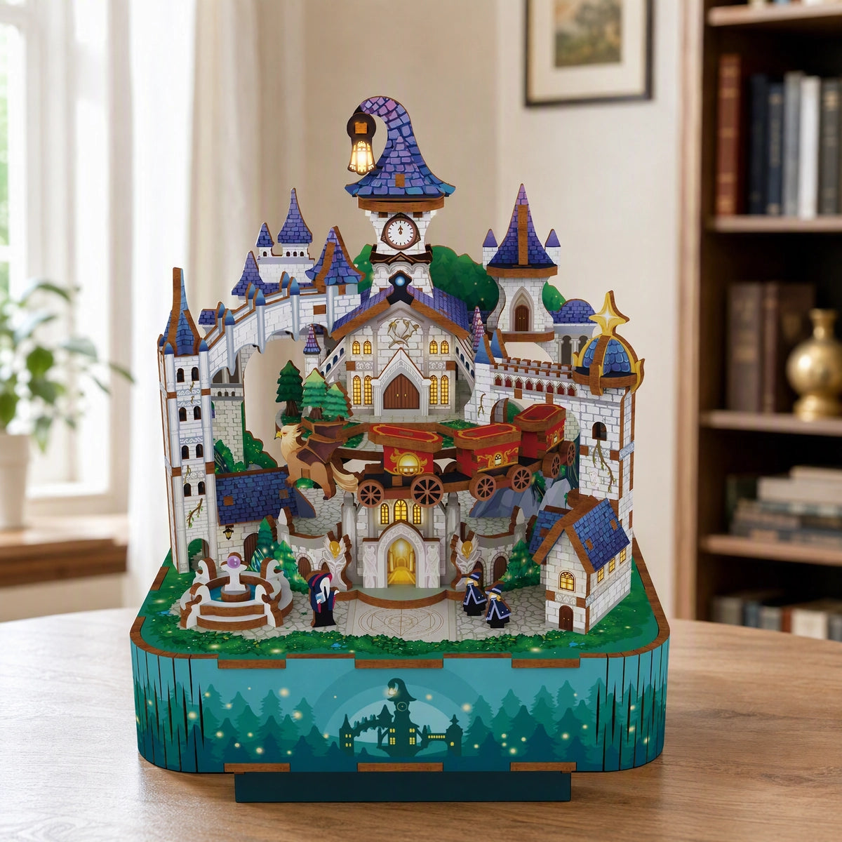 Magical Castle mit Türmen, Brücken und roter Fantasiekutsche