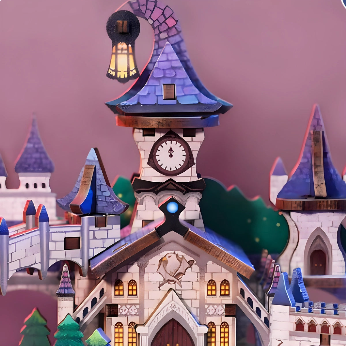 Gebogener Uhrturm mit beleuchteter Laterne in Magical Castle