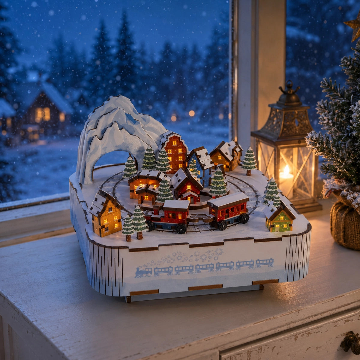Beleuchtete Snow Train Spieluhr vor einer verschneiten Abendlandschaft