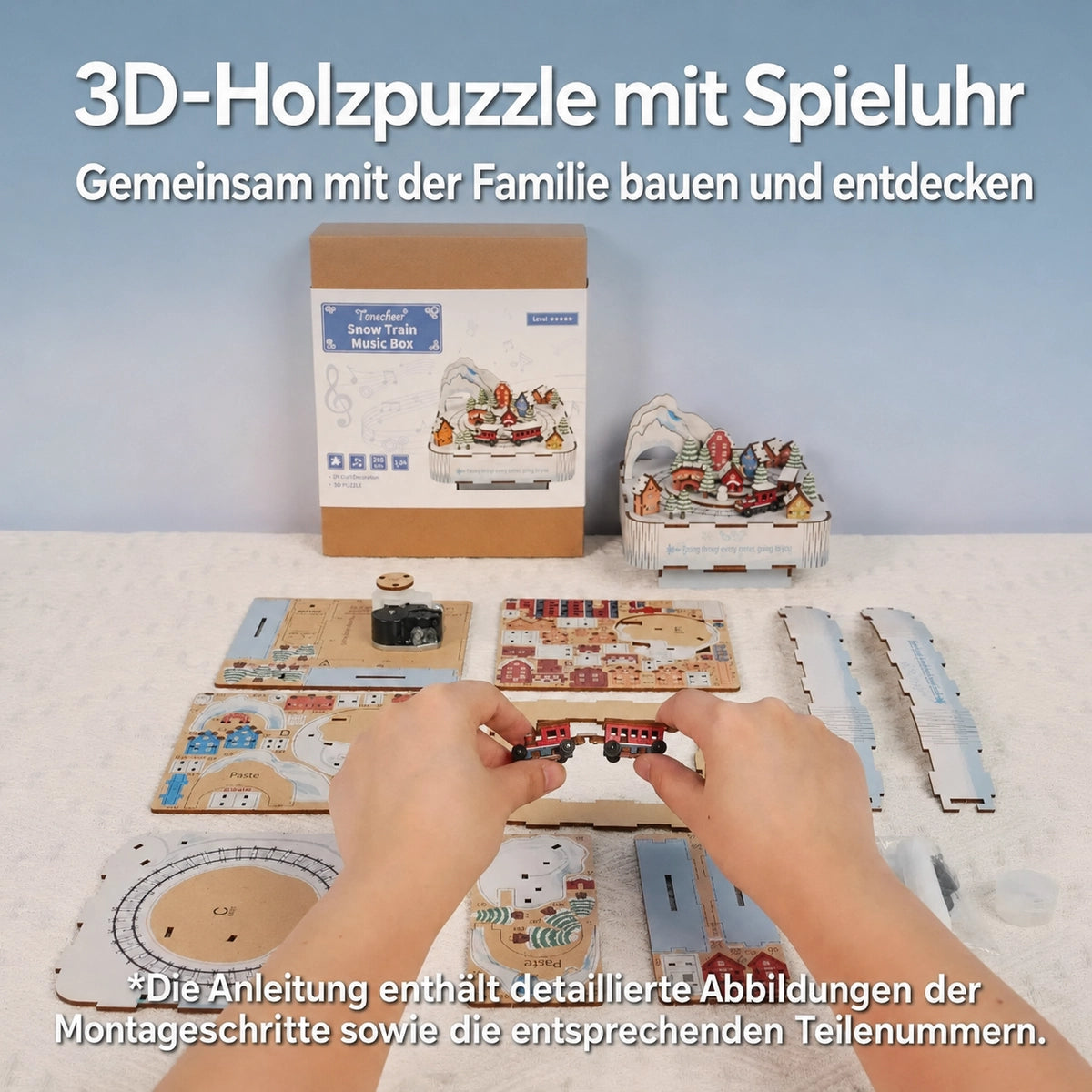 Aufbau der Snow Train Holz-Spieluhr mit vorgestanzten Bauteilen