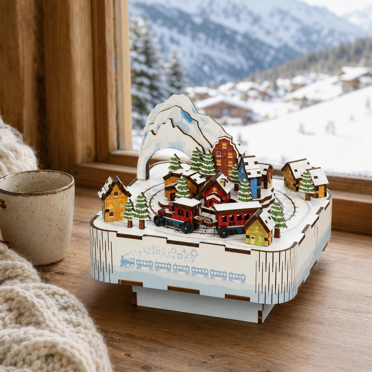 Snow Train Spieluhr am Fenster vor einer verschneiten Berglandschaft
