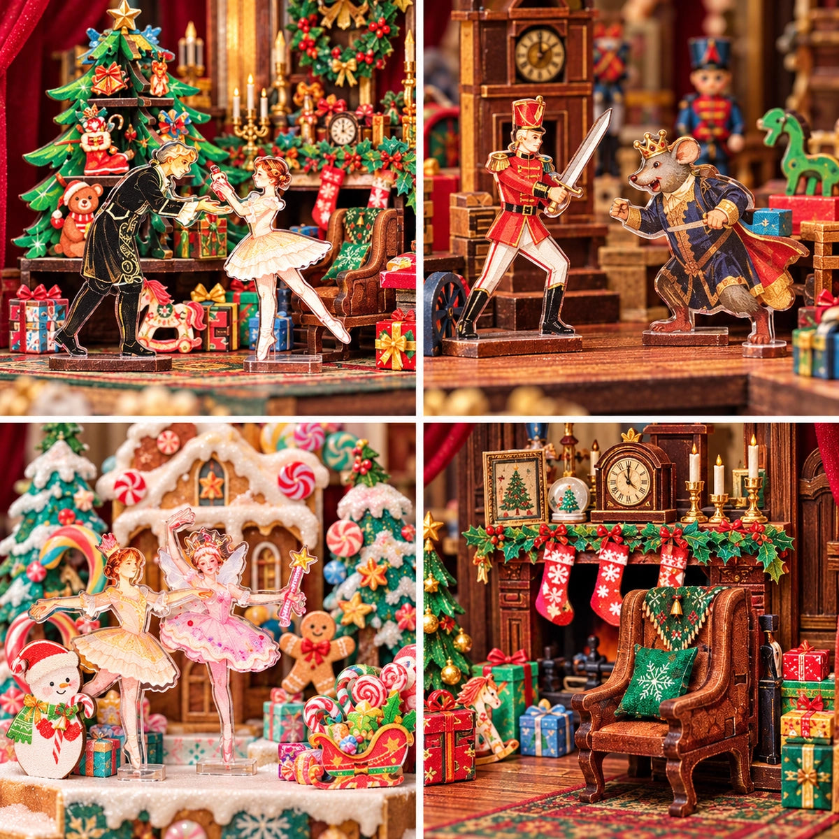 Vier Details aus Weihnachtszimmer und Nussknacker-Märchenwelt