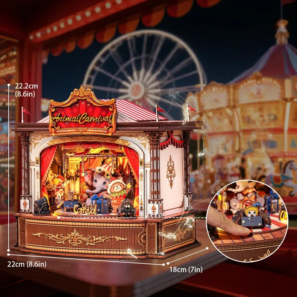 Wooden Music Box - Animal Carnival mit detaillierten Abmessungen