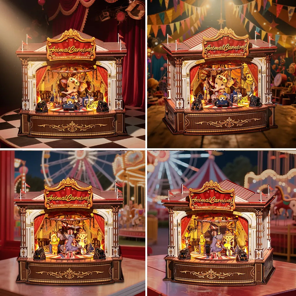 Wooden Music Box - Animal Carnival dekorativ auf einem Schreibtisch platziert