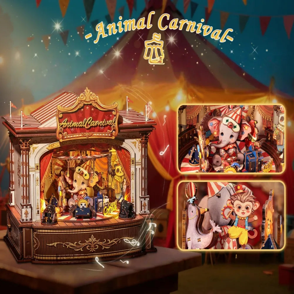 Nahaufnahme des Wooden Music Box - Animal Carnival mit reichhaltigen Details