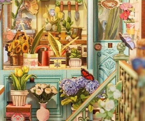 Seitliche Ansicht des Book Nook - Flower Shop mit gut sichtbaren Elementen