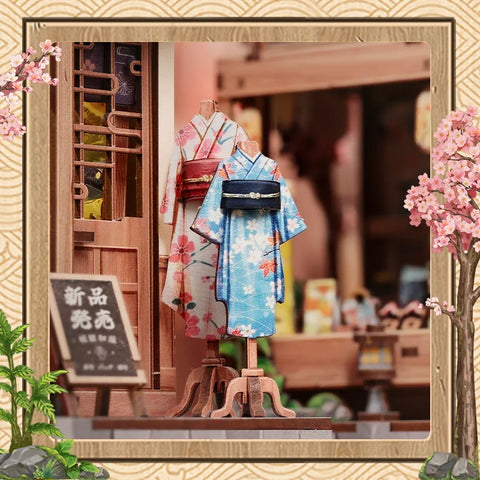 Seitliche Ansicht des Book Nook - Sakura O Kimono Shop mit gut sichtbaren Elementen