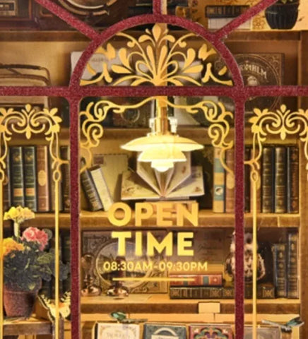 Seitliche Ansicht des DIY 3D-Bilderrahmen Bausatz - Street CornerHoliday bookstore mit gut sichtbaren Elementen
