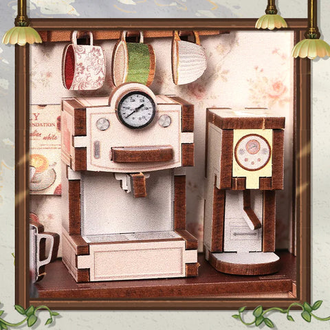 Seitliche Ansicht des Miniatur Haus Bausatz - Sunny Cafe mit gut sichtbaren Elementen