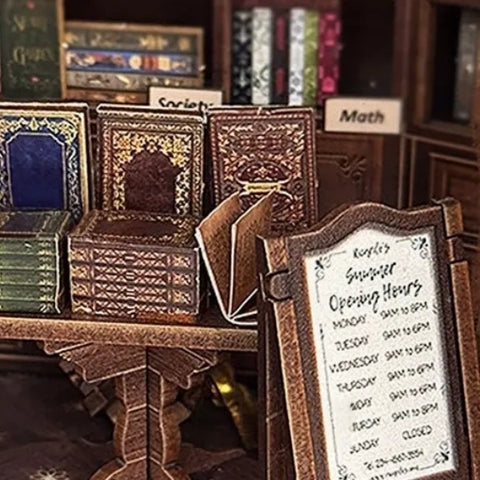 Detailansicht eines dekorativen Elements im Miniatur Haus Bausatz - Hoggor Bookstore mit feinen Details