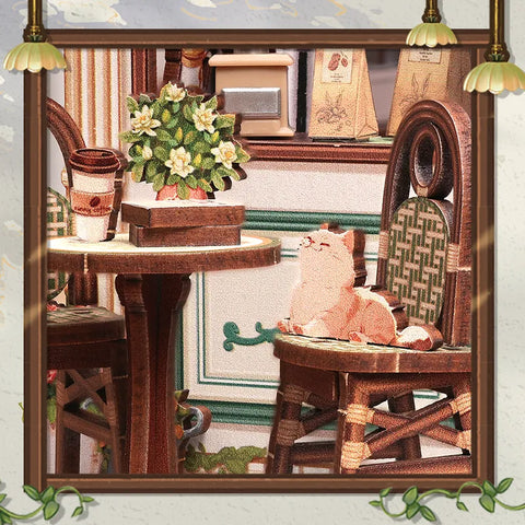 Detailansicht eines dekorativen Elements im Miniatur Haus Bausatz - Sunny Cafe mit feinen Details