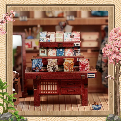 Nahaufnahme des Book Nook - Sakura O Kimono Shop mit reichhaltigen Details