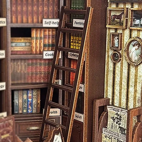 Eigenschaften des Miniatur Haus Bausatz - Hoggor Bookstore wie hochwertige Materialien und LED-Lichter