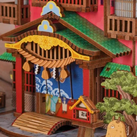 Nahaufnahme des Miniatur Haus Bausatz - Onsen Saga mit reichhaltigen Details