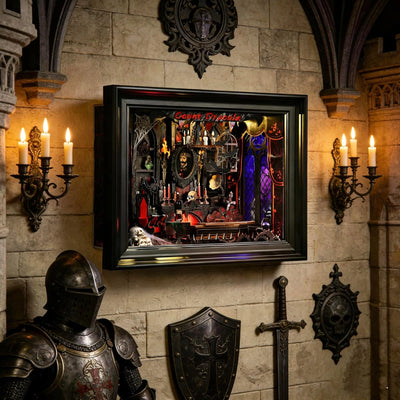 Diorama Count Dracula appeso alla parete in un'ambientazione gotica