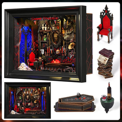 Cornice Count Dracula e primi piani di trono, libri, bara e tavolino in miniatura