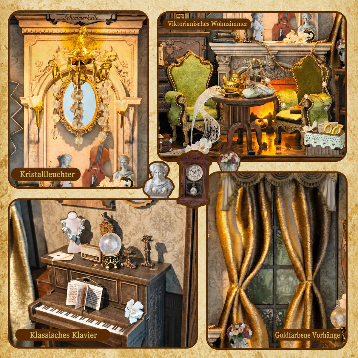 Details von Kristalllüster, Sitzgruppe, Klavier und goldfarbenen Vorhängen