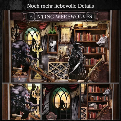 Dettagli del diorama Hunting Werewolves: licantropo, finestra ad arco e libreria
