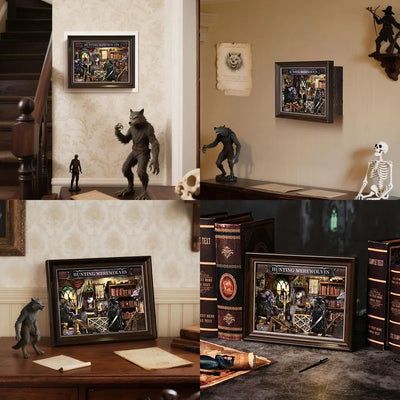 Hunting Werewolves mostrato a parete, su un mobile e tra i libri