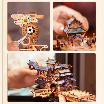 Detailansicht eines dekorativen Elements im 3D Holz Puzzle - Wind Voyager mit feinen Details