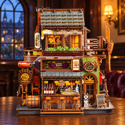 Frontansicht der Corner Tavern mit Flaschenreklame und beleuchteter Bar