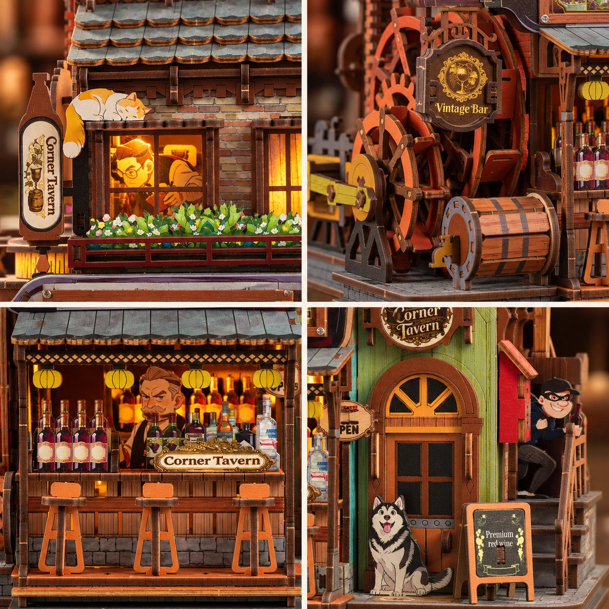 Details von Fensterszene, Räderwerk, Bar und Eingang der Corner Tavern