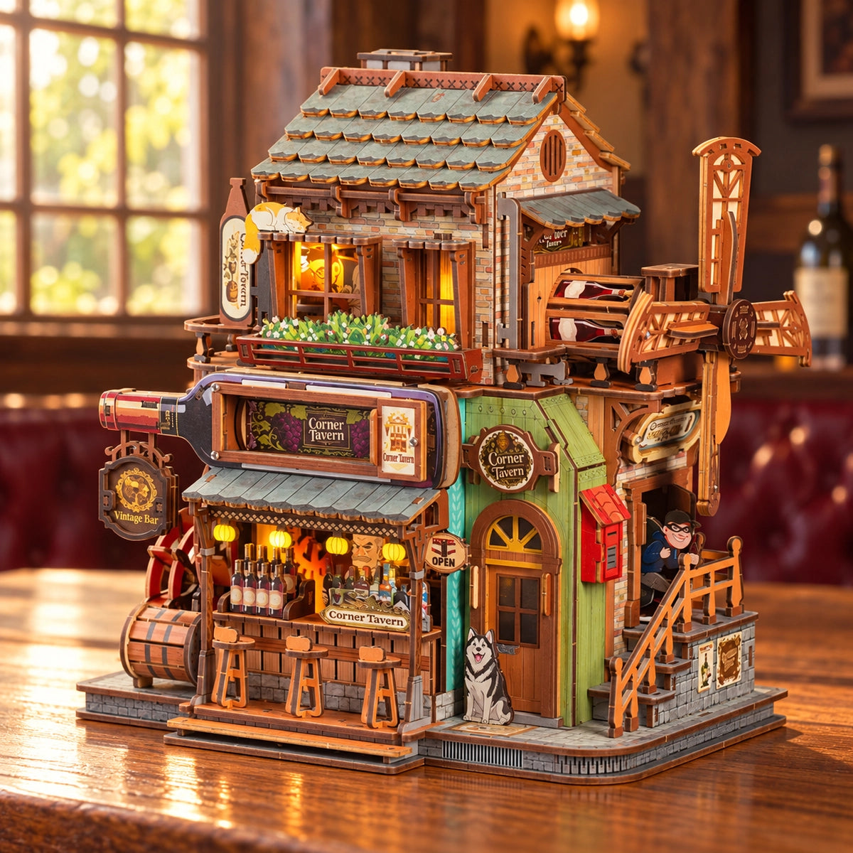 Corner Tavern als 3D-Holzpuzzle mit Bar, Außentreppe und großen Rädern