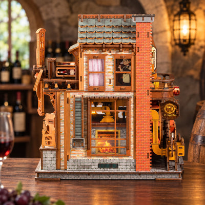 Rückseite der Corner Tavern mit Ziegelschornstein und Fenstern