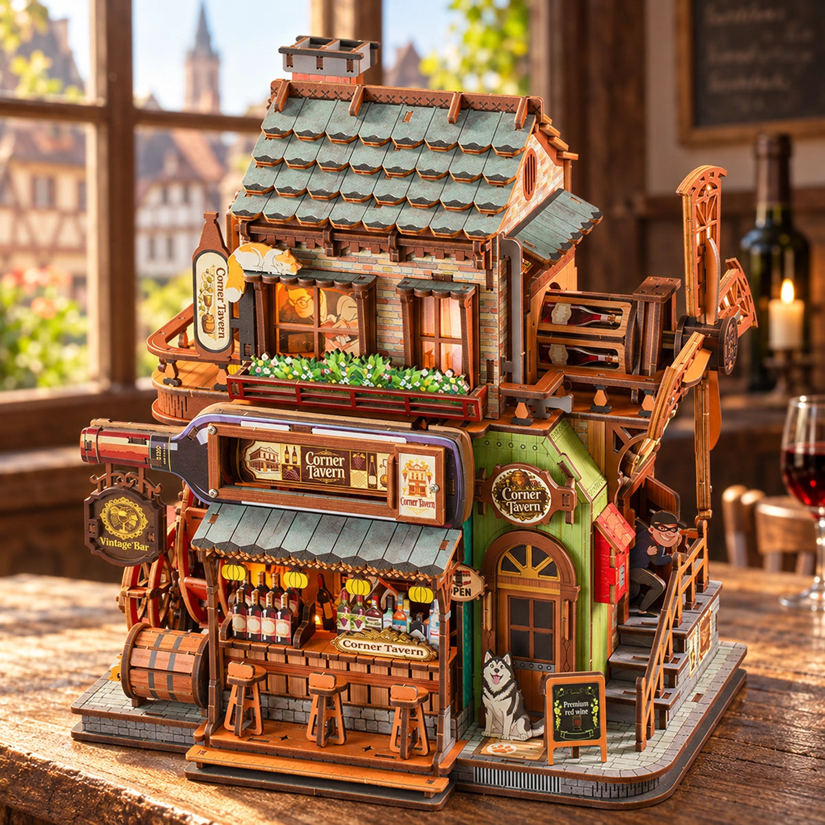 Corner Tavern schräg von oben mit Balkon, Dach und Außentreppe