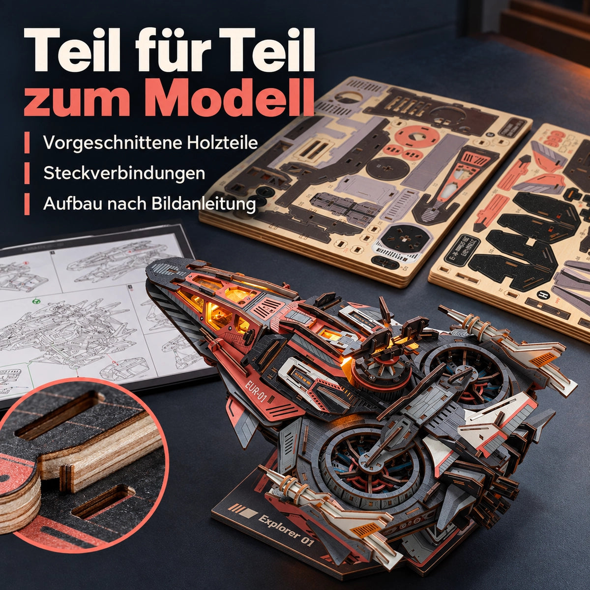 Explorer01 with wooden sheets and illustrated assembly instructions