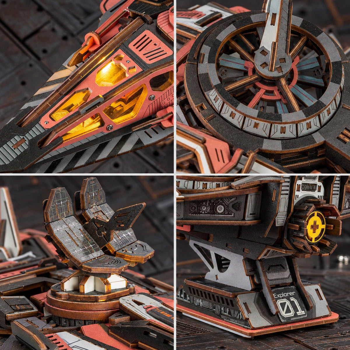 Detail collage of Explorer01's nose, rotor, upper assembly and stand