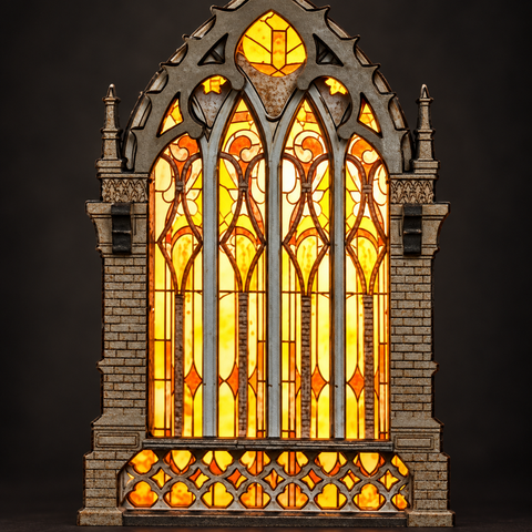 Hohe gotische Spitzbogenfenster mit warmem Licht