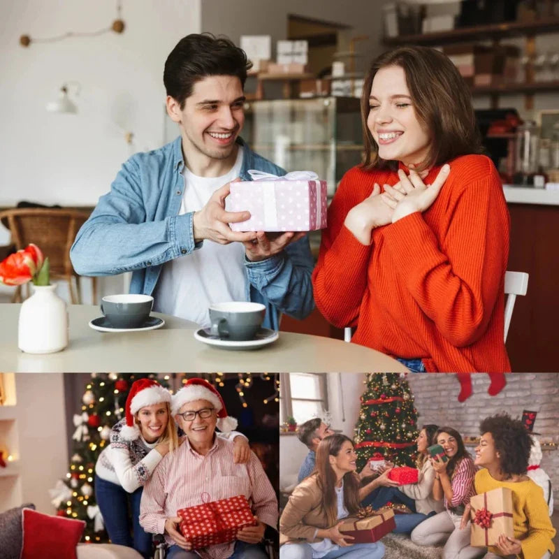 Collage mit Geschenkübergabe an Partnerin, Großmutter und Freundinnen