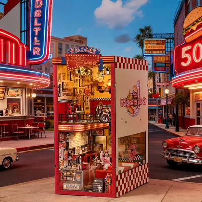 Seitliche Ansicht des Book Nook - 1950s Diner mit gut sichtbaren Elementen