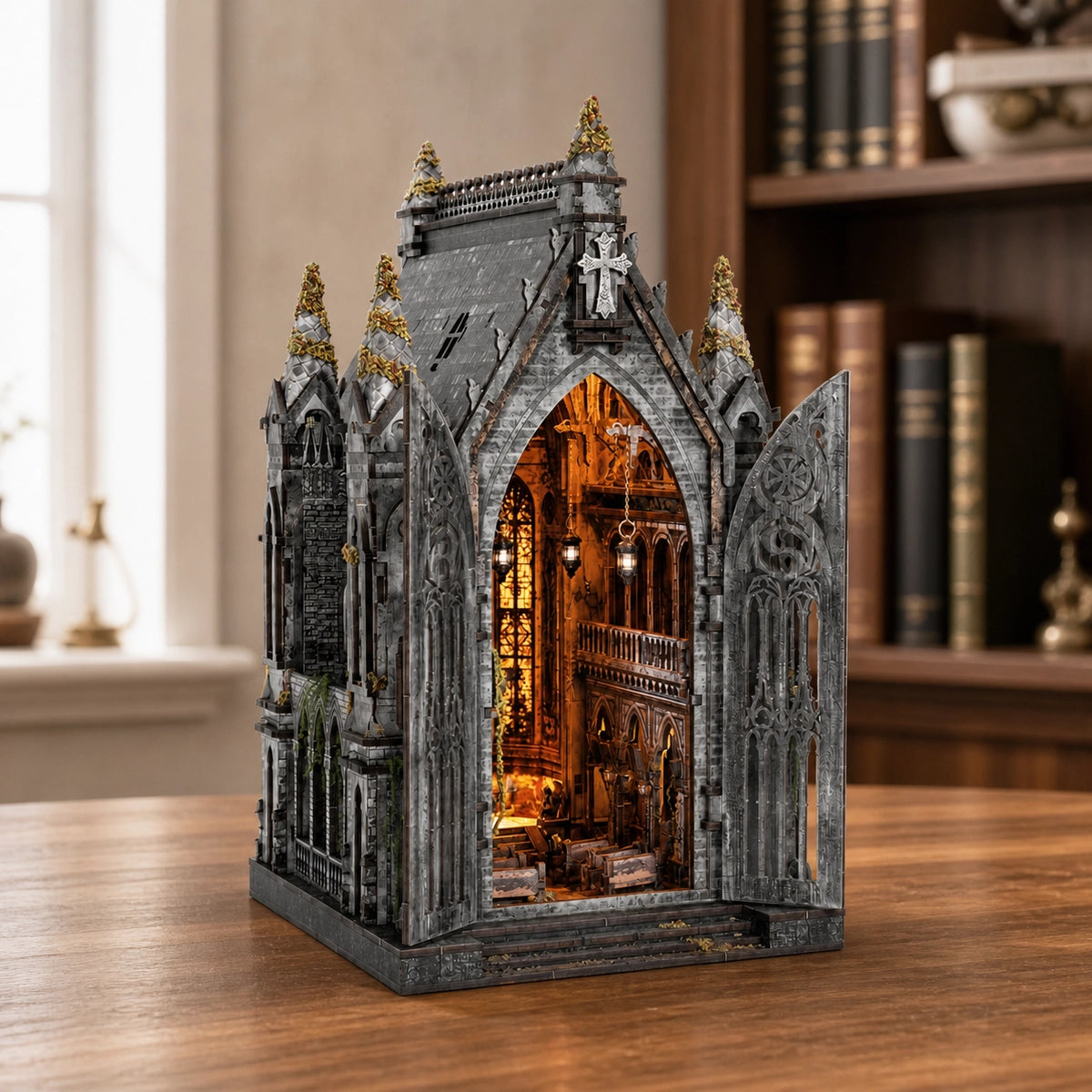 Book Nook Abandoned Gothic Church iluminado con el portal abierto