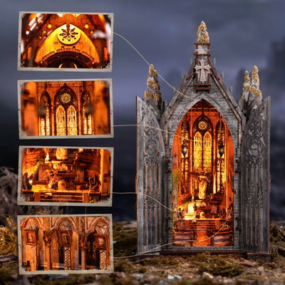 Abandoned Gothic Church con porte aperte e navata illuminata