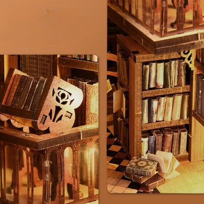 Leggio decorato e scaffali pieni di libri in Abbey Library