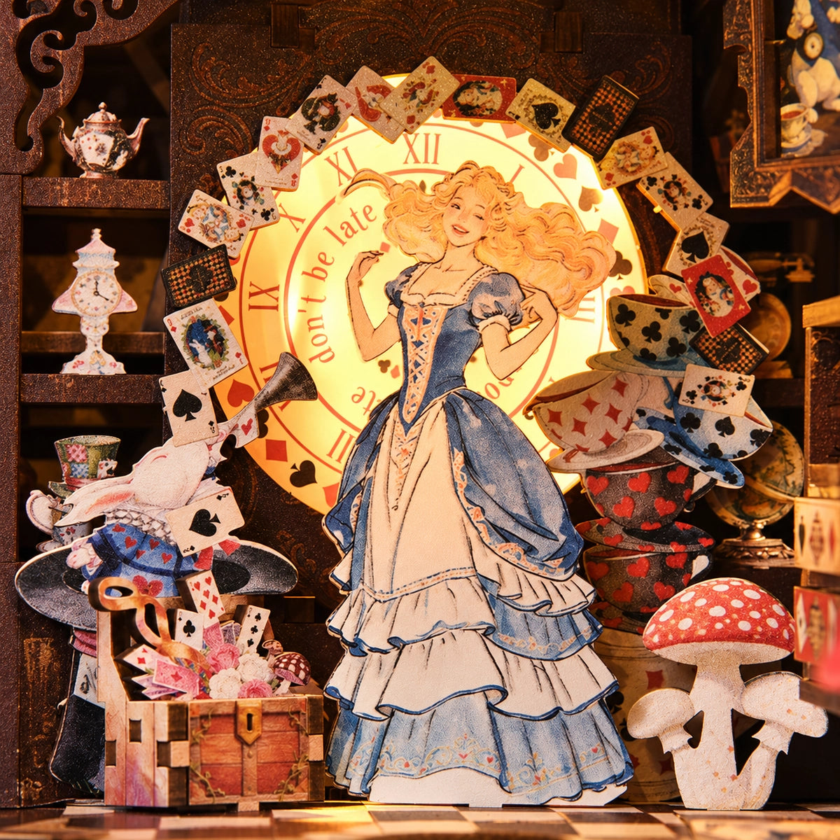 Adventures In The Book Crevices – Mädchen im blauen Kleid vor dem leuchtenden Uhrmotiv