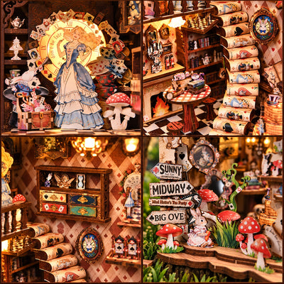 Adventures In The Book Crevices – Collage der Figuren, Bücherstufen und Teeszene