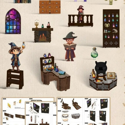 Componenti del kit Alchemy Master con figure, mobili, pozioni e pannelli