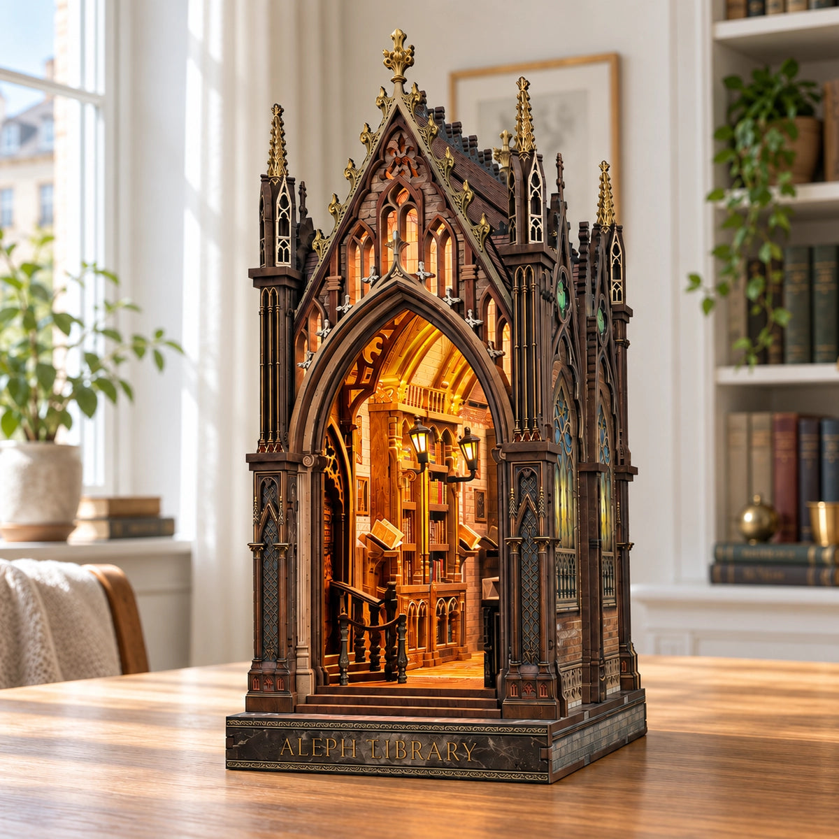 Seitenansicht der Aleph Library mit filigranen Türmchen und Fensterornamenten